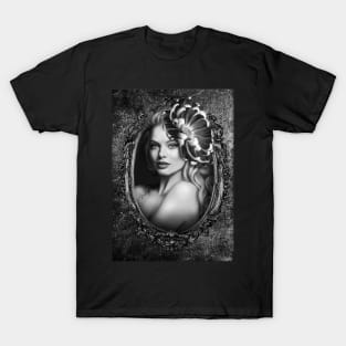 Black and white beautiful girl portrait gray flower dark lips digital artwork T-Shirt